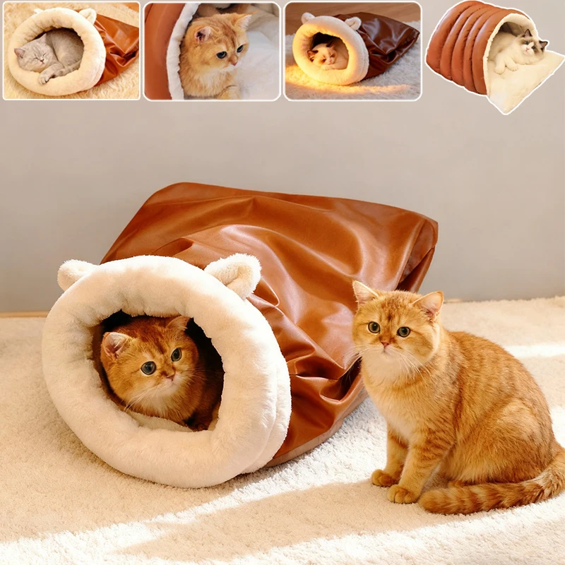 

Newest Cat Sleeping Bag Leather Cat Bed Semi Closed Winter Thickened Warm Washable Dog House Cat Accessories Cama Para Perros