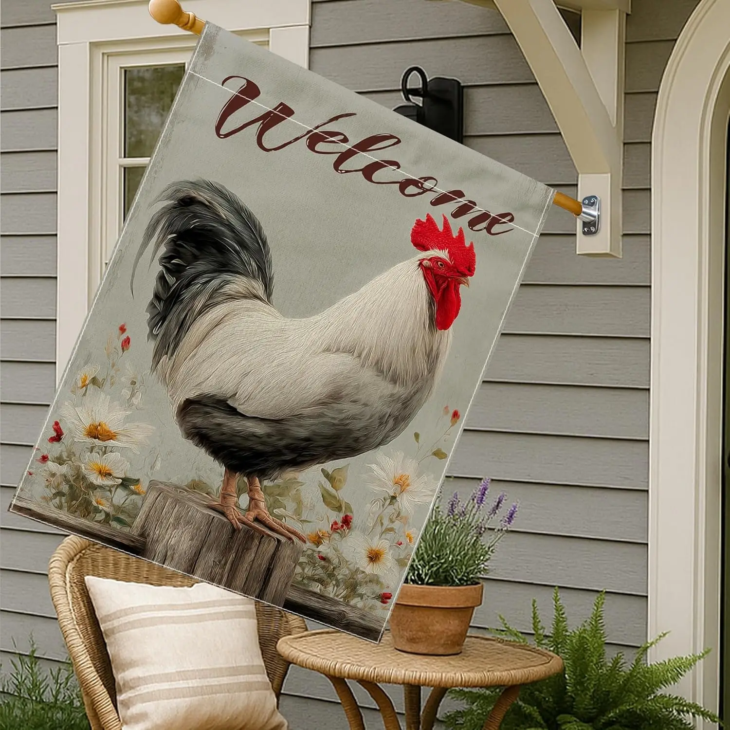 Rooster House Flag, Farmhouse Rustic Flowers Wooden Post Spring Gray Burlap Double Sided Outside Large Garden Flag for Outdo AAS