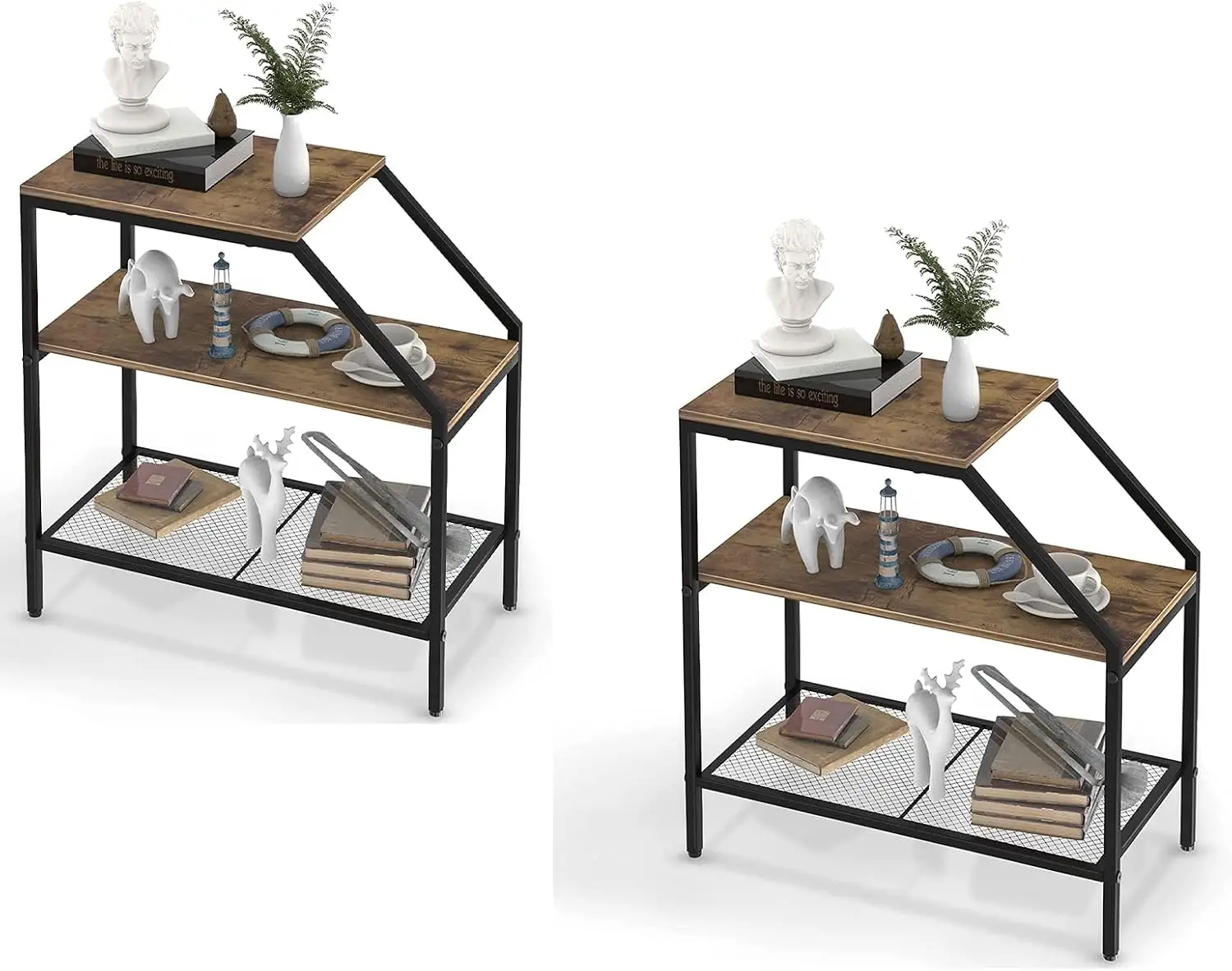 End Table 3 Tiers 2Pcs Wood Nightstand With Storage Ladder Shelf,Industrial Sofa Side Table For Small Space, Modern Trapezoid