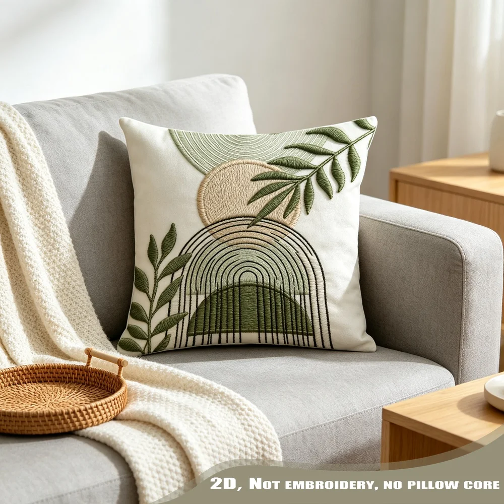 1PC Boho Green Leaf Geometric Pillow CoverPolyester Cushion Case for Sofa Couch Living Room Bedroom Home Decor