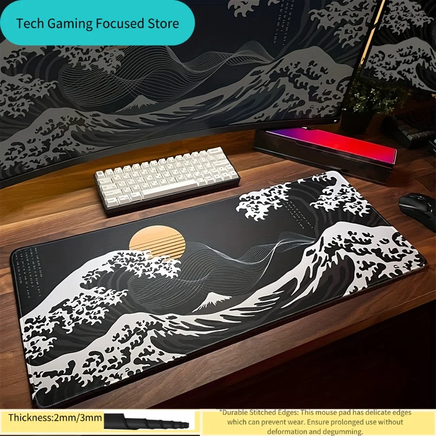 VIKAMA Black Wave Tischmatte, schwarze Gaming-Mauspad-Matte, rutschfeste Matte, Desktop-Teppich, Gaming-Handgriff, Desktop-Gadget, Mauspad