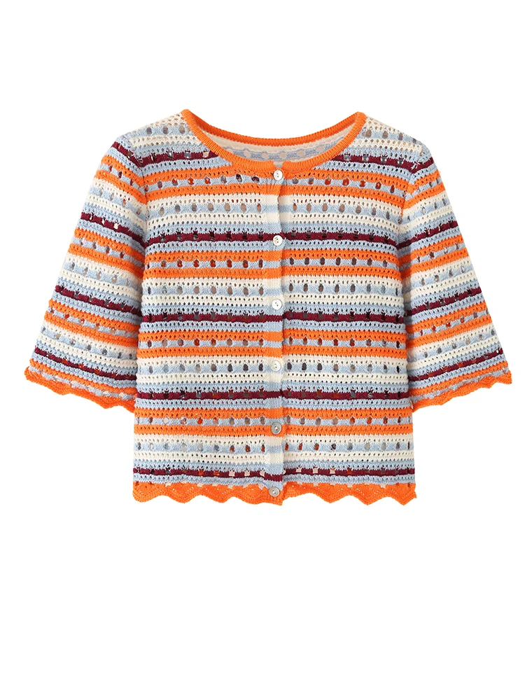 Women Striped Hollow Crochet Knit 3/4 Sleeve Cardigan Single Breasted Crop Tops