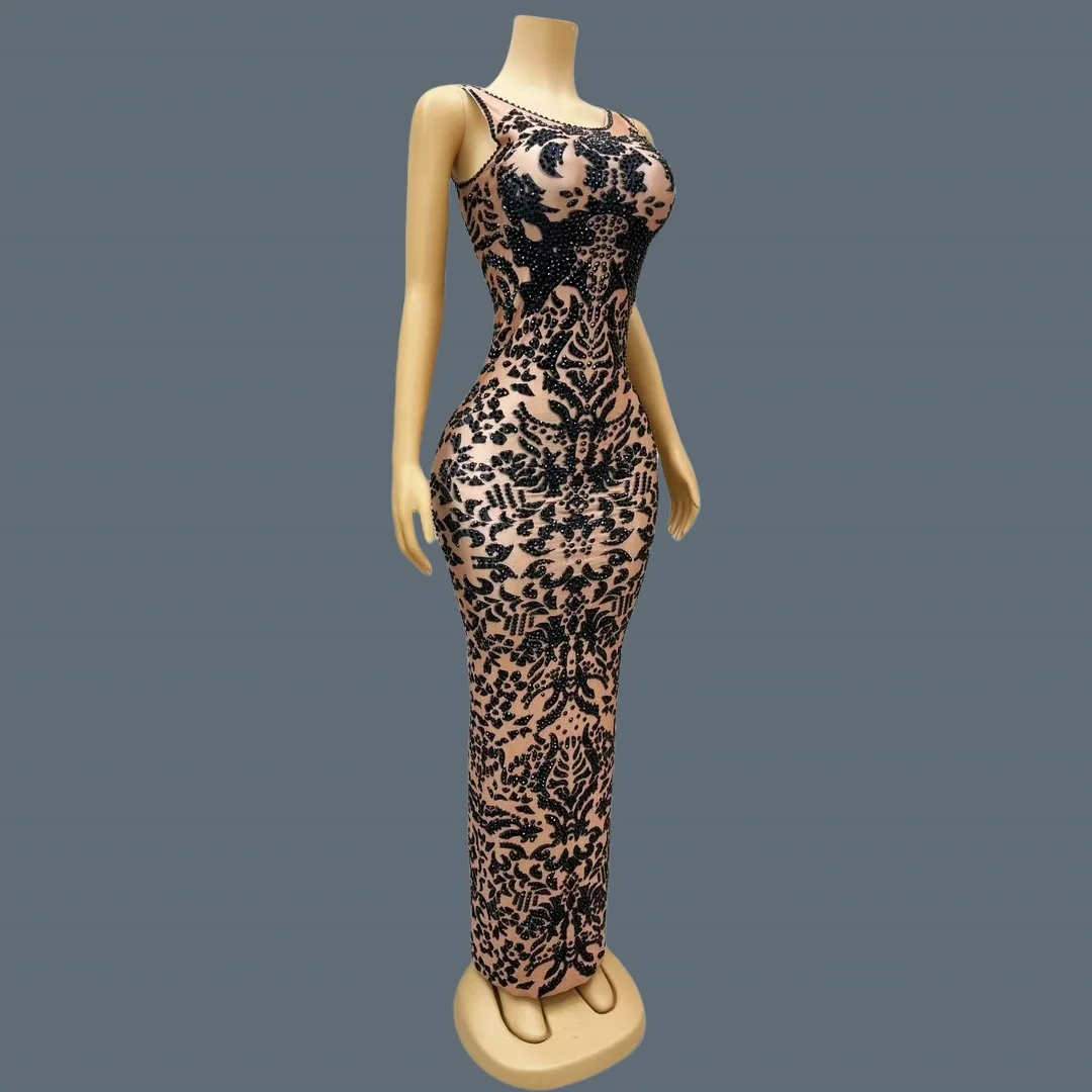 Feminino preto padrão strass brilhante vestido de baile aniversário luxo jantares sexy maxi vestido celebrar festa vestido de noite heijiao
