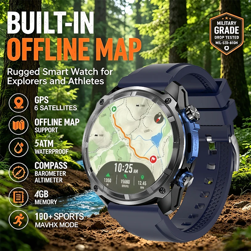 Sapphire GPS SmartWatch for Men with Offline Maps 4GB Memory Video Player Military Sports Waterproof 50m Swimming 2025 Model