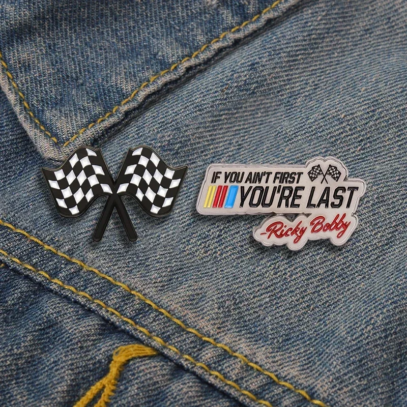 2pcs/Set Racing Flag Enamel Pins Slogan If You Ain't First You're Last Brooches Metal Lapel Badge Backpack Accessories Wholesale