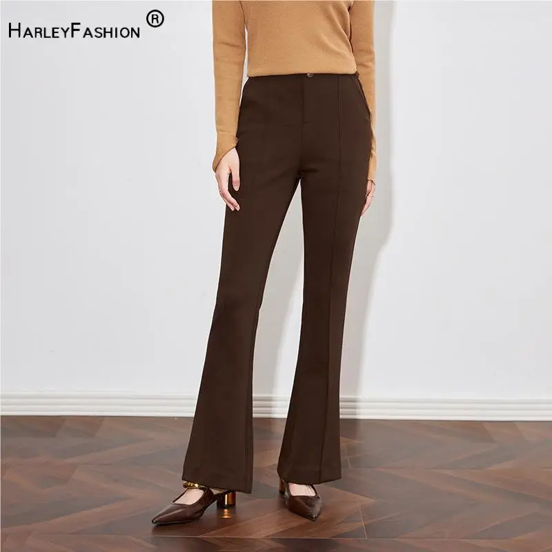 

Slim European Stylish Fall Winter Elastic Trousers Lady High Waist Slight Flared Double-breasted Women Solid Pants