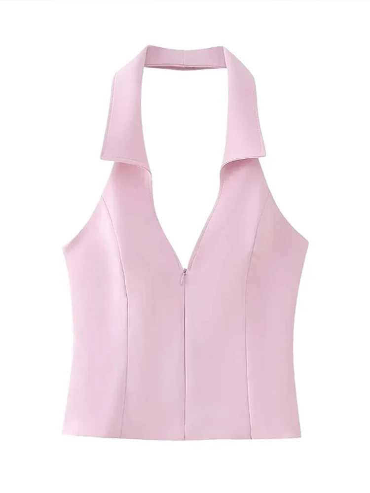 Conjunto de pantalones cortos rosas a la moda para mujer, tops sexys sin mangas con cuello en V, falda ajustada a la cadera para mujer, traje nuevo para primavera y verano 2024