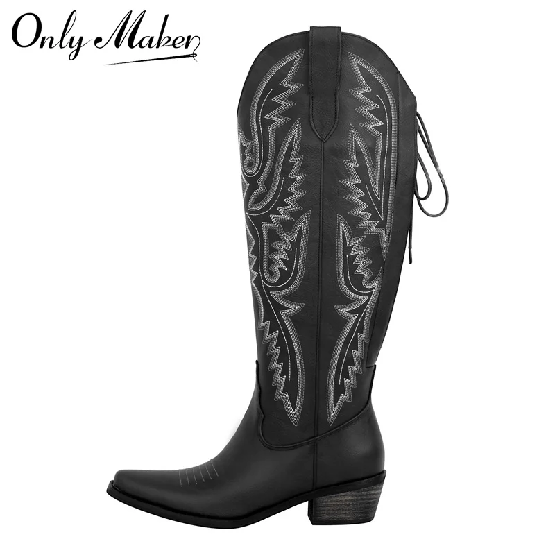 

Onlymaker Women Pointed Toe Side Zipper Embroidered Western Cowboy Boots Block Heel Cowgirl Booties