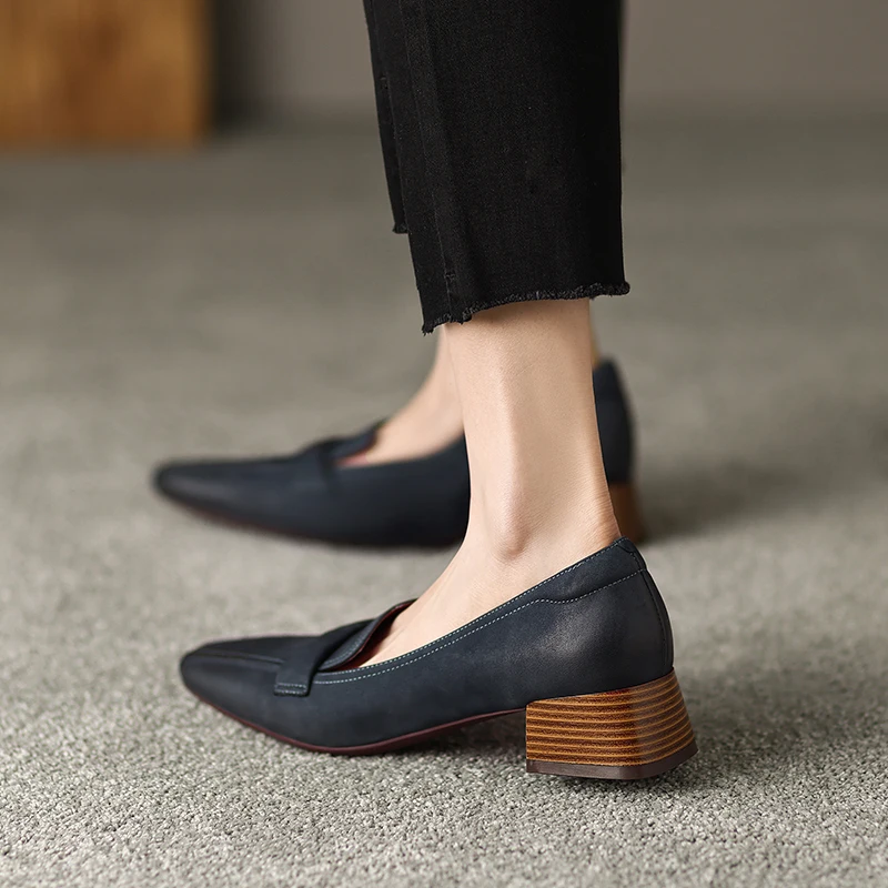 Mid Heel Retro Women Pumps Pointed Toe Concise Office Lady Working Shoes Woman Genuine Leather Pumps Basic Spring Summer 2024