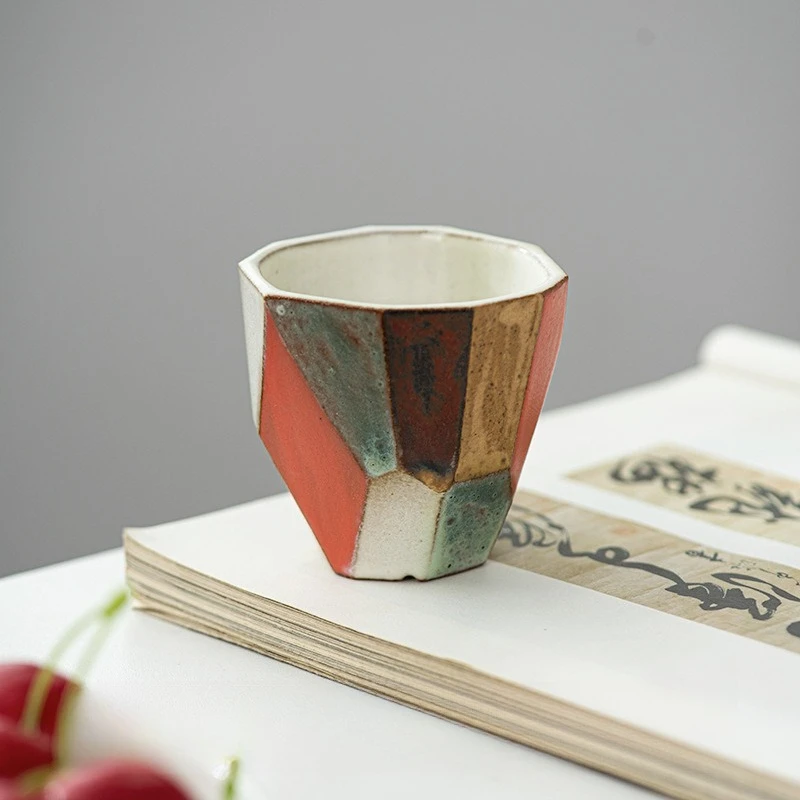 Hand‑crafted Aogi‑yaki cut‑surface teacup, rough‑textured pottery master cup, distinctive high‑temperature‑fired retro‑style cup