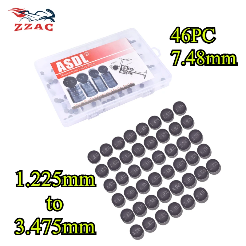 46PC 7.48mm 1.225-3.475mm Motorcycle Engine Parts Adjustable Complete Valve Gasket Shim Kit Pad For Suzuki Honda YAMAHA Kawasaki