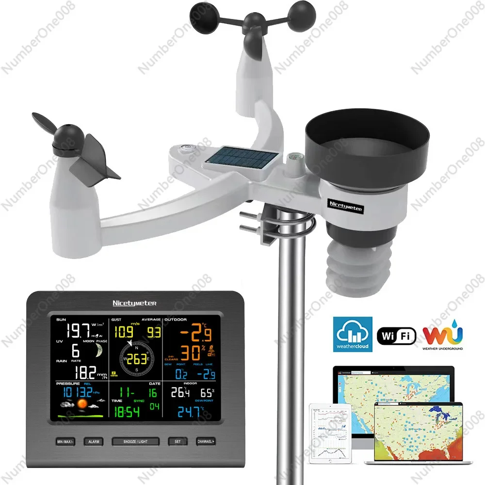 FT0360 Wi-Fi Weather Station Wireless Outdoor Solar Powered 7-in-1 Weather Sensor LCD Console Display Weather Forecast