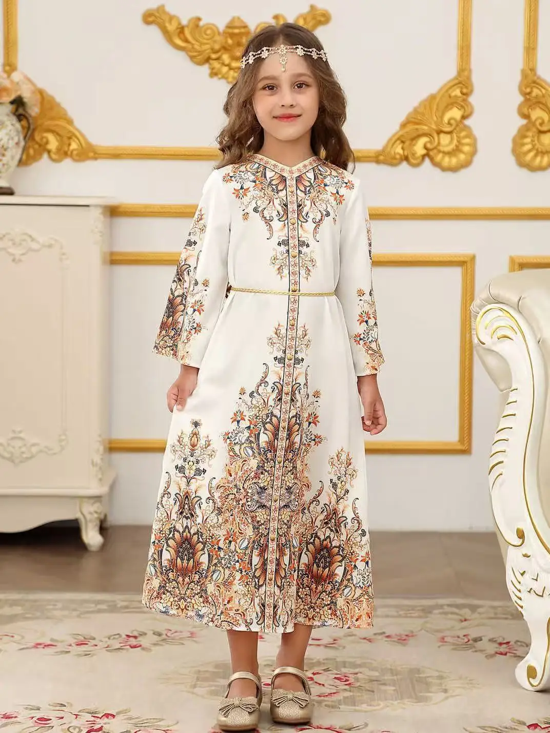 

Children's Arabian Turkish Dubai Robe Girls Long Dresses Gowns Girls Printed Dresses Middle East Fashionable Girl Dress