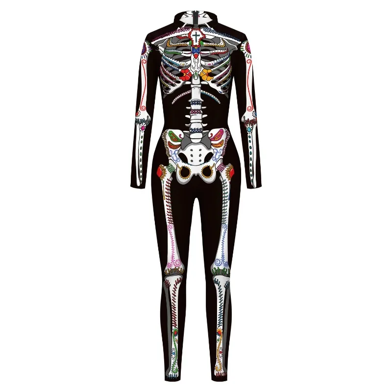 Weißes Skelett Muster Overall Frauen Halloween Ghost Cosplay Kostüm Langarm Bodysuit Karneval Party Zentai Erwachsenen Outfit