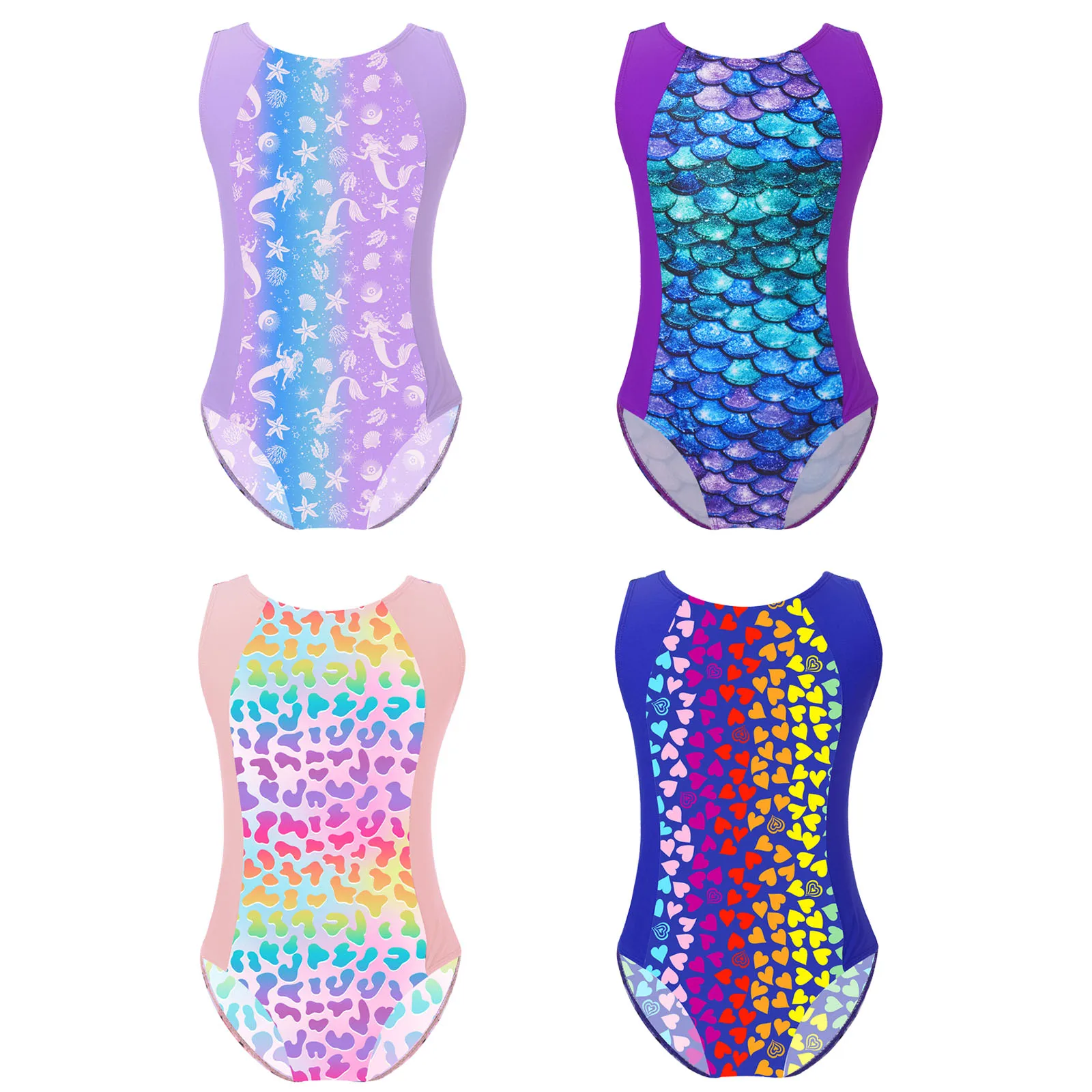 Girls Print Mermaid One-Piece Swimsuit Sleeveless Keyhole Back Swim Jumpsuit Surfing Bathing Suit Pool Beach Athletic Swimwear