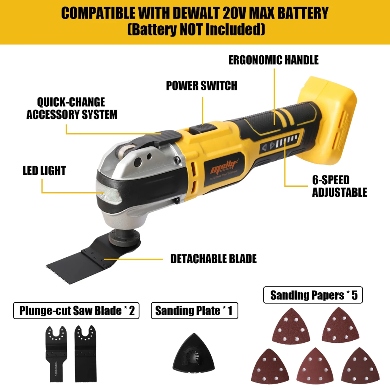 Draadloze oscillerende multitool compatibel met Dewalt 18V 20V batterij oscillerende zaag voor schrapen, schuren, snijden (alleen gereedschap)