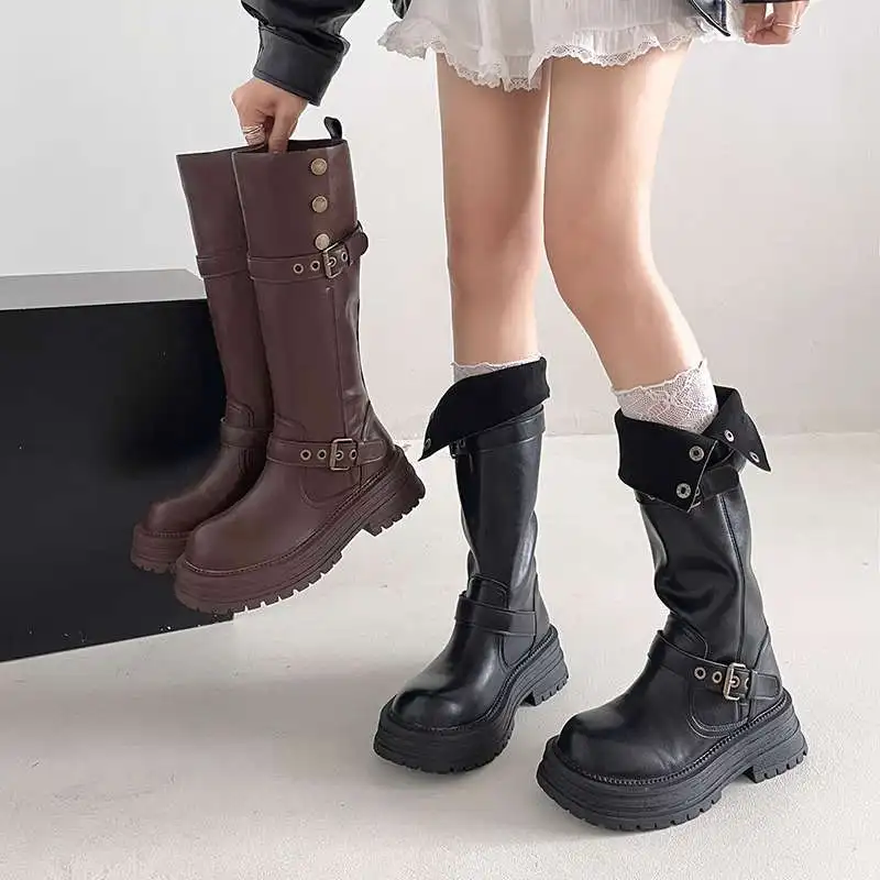 

British Thick-Soled Knight Boots Women'S 2025 Autumn/Winter New Belt-Buckle Long Boots