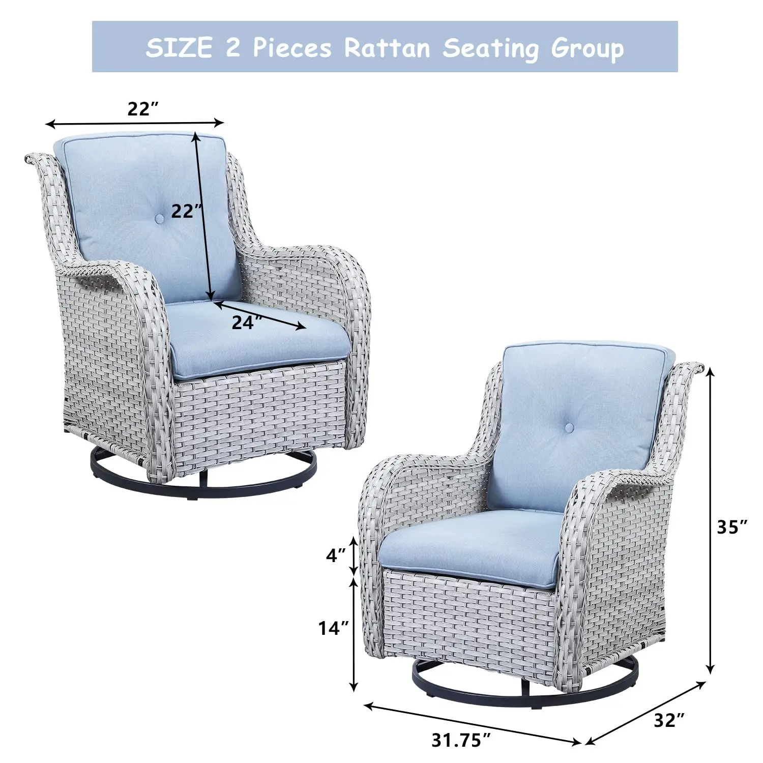 Outdoor Swivel Rocker Wicker Patio Chair Set 2, Rattan Rocking Furniture, Light Grey & Blue, Customized
