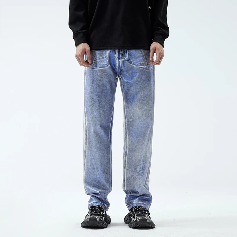 

American high street tide brand personality digital printing wide-leg jeans men's loose straight drape trend long pants