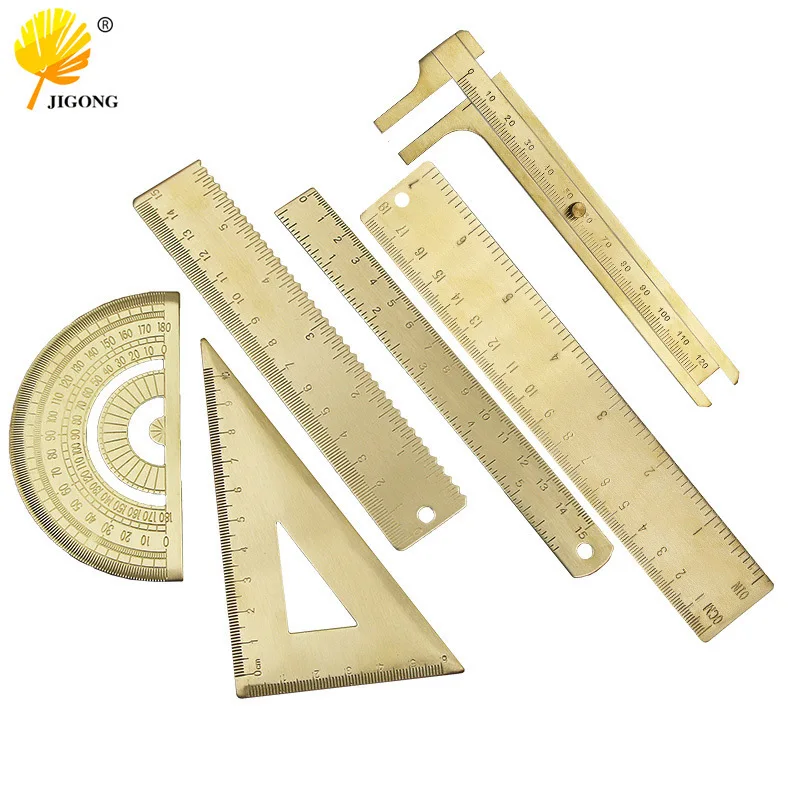 Multi-specification, brass triangle ruler, copper straight ruler, retro semicircle protractor, triangle drawing, copper ruler, w