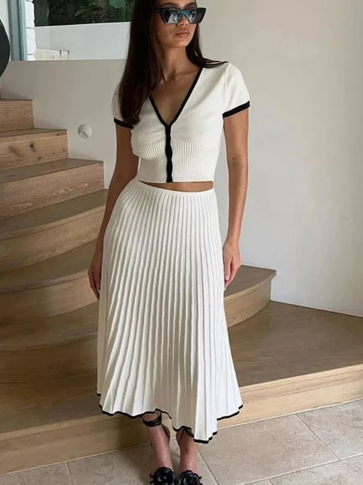 

Summer Women White long Skirt Suit Short Sleeve V-neck crop top pleated set elegant dress 2 piece skirt set