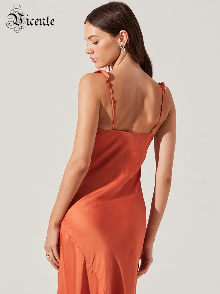 VC – robe mi-longue en Satin, romantique, Orange et bleu, sans manches, avec encolure à volants, pour robe de soirée dans le jardin, été