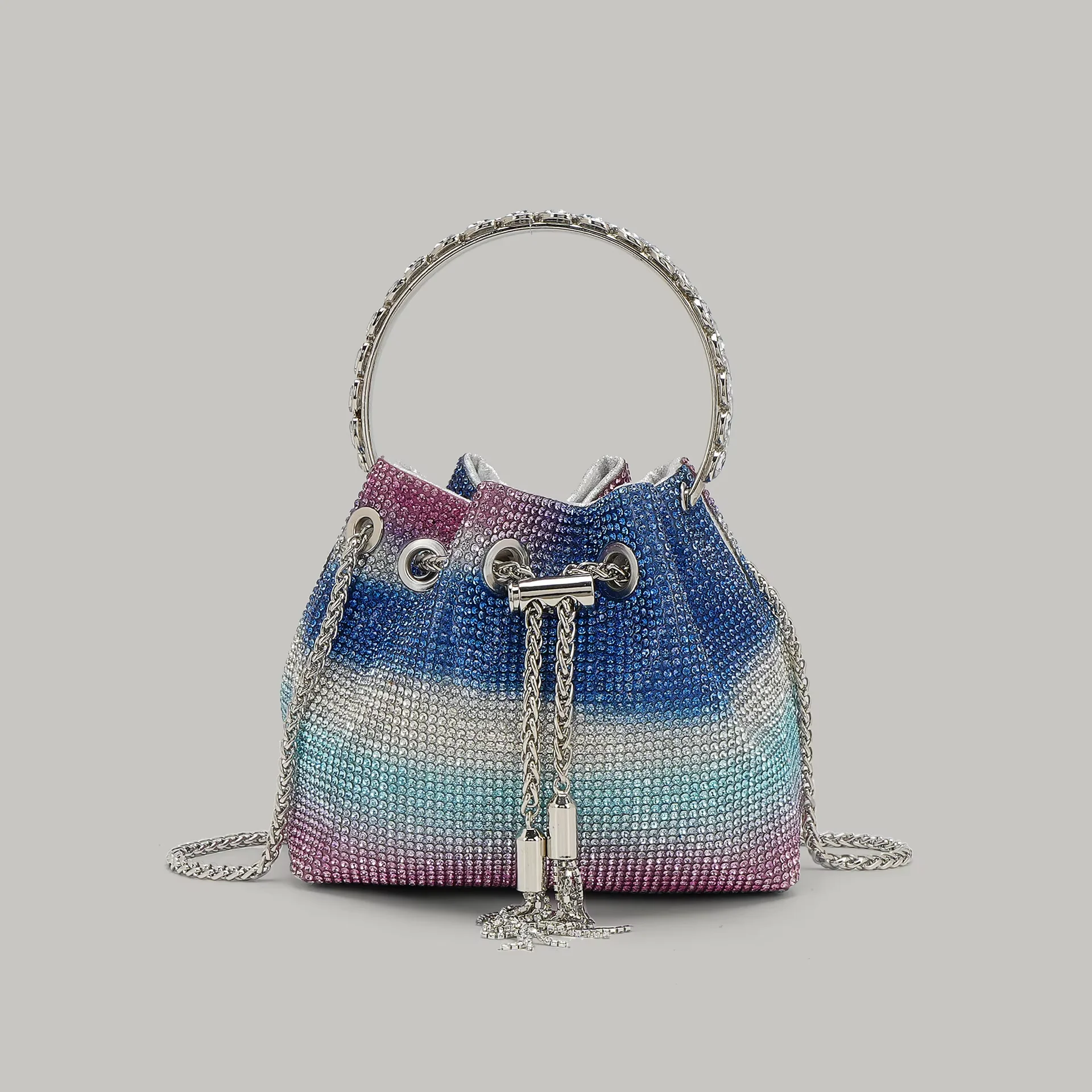 

2026 New Women's Bucket Bag for Party Hot-fix Rhinestone Starry Sky Gradient Color Chain Strap Hand-held Evening Bag 16 cm