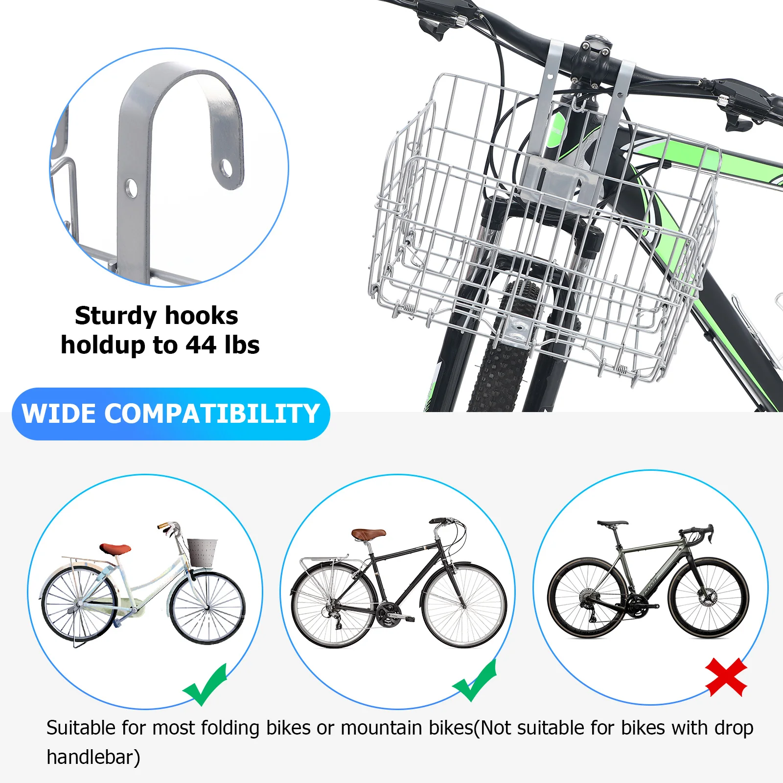 

Bicycle Rear Basket Foldable Iron Storage Wire Silver 34x20x23cm Easy Install Adult Bike Handlebar Mount Front Rear Riding