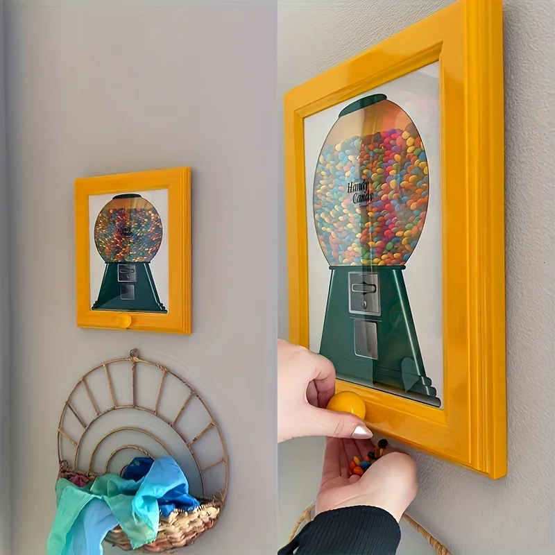 Marco de fotos con dispensador de dulces cuadrado montado en la pared, diseño de máquina de dulces de color, práctico estante para aperitivos, adecuado para decoración del hogar