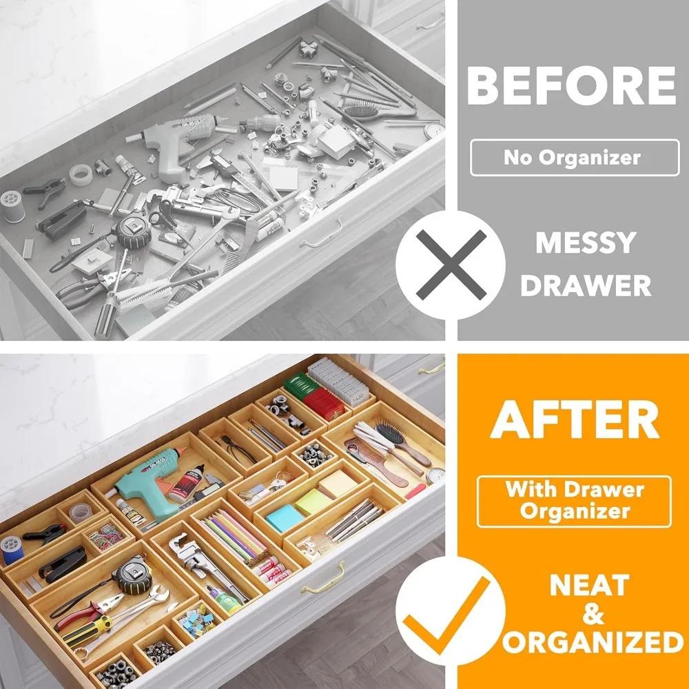 21-Piece Bamboo Drawer Organizer Storage Boxes Set, Wood Tray Junk Drawer Organizers Multi-Use Divider Bins for Kitchen