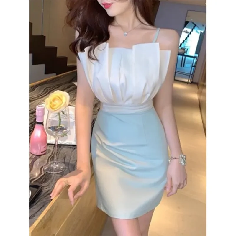 

Summer New Slash Neck Sleeveless Temperament Party Dress Women's Elegant Splicing Office Mini Dresses