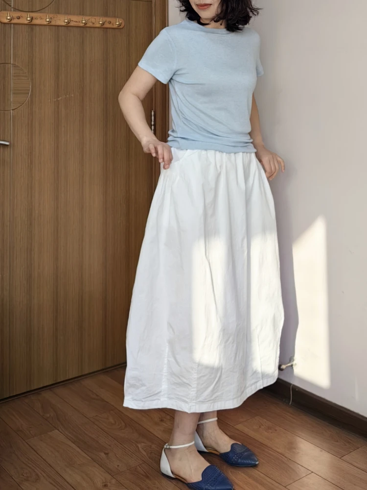 

Cloud Flower f-length Skirt Elastic Waist Loose Fit Versatile Cotton Spring Mid-waist Pure Color Creative Personali