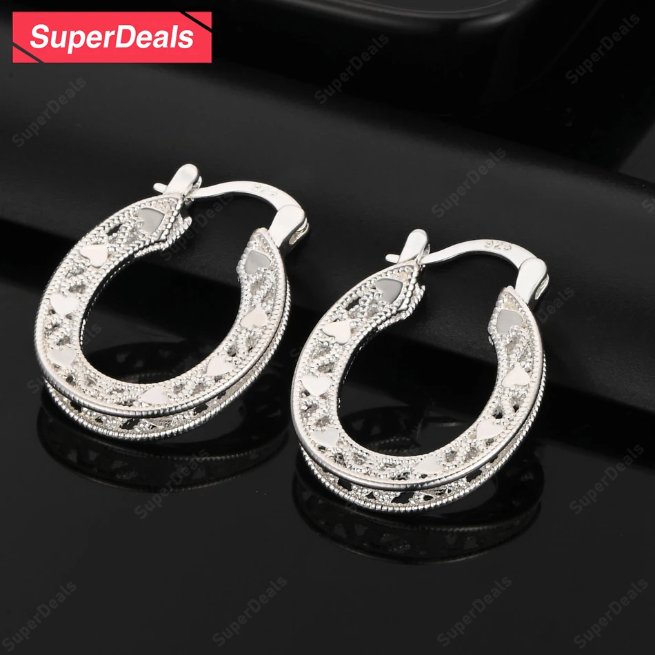 

SuperDeals 925 Sterling Silver Round Engraved Heart Pattern Ear Clip Earring Women's Fine Jewelry Christmas Party Gift