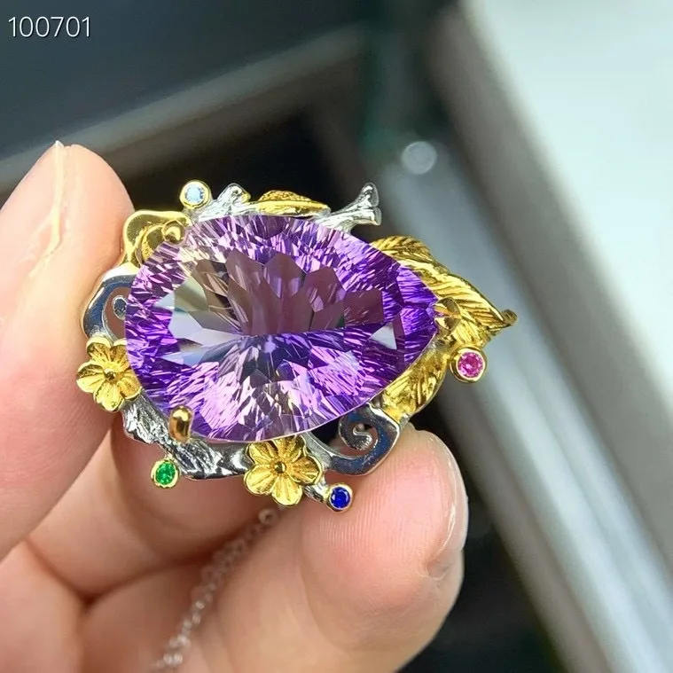 Vintage Natural Ametrine Pendant, 925 Silver Two-Tone Finish No Chain, Crystal Jewelry Gift for Women