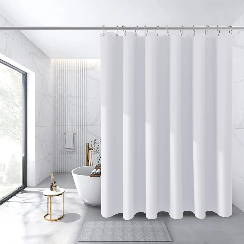 Black Waterproof Bath Curtain with Silver Metal Hooks Thick White Bathroom Shower Curtain Bathtub Bathing Cover Extra Large Wide