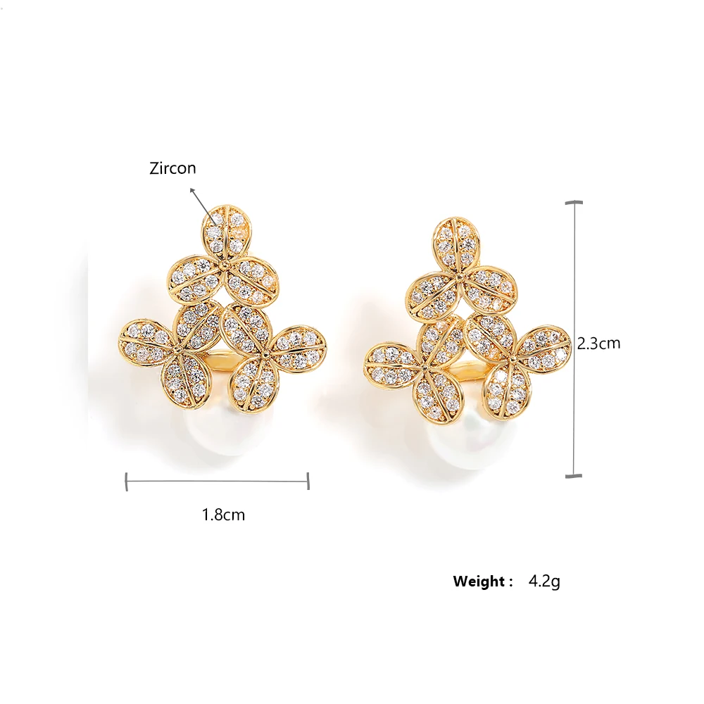 ZAKOL Elegant Flower Shaped Round Imitation Pearl Earrings for Women Micro Inlay Zirconia Earring Bridal Wedding Jewelry