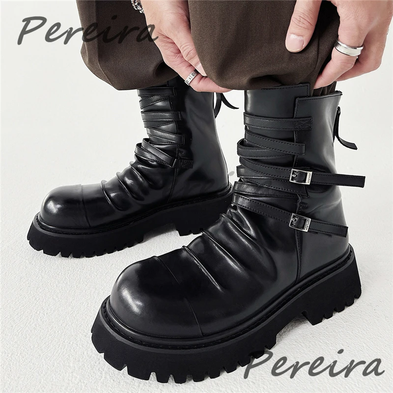 Black Leather Wrinkled Thick Soled Motorcycle Boots Fashion Design Cross Straps Genuine Leather Short Boots Trendy Men's Shoes