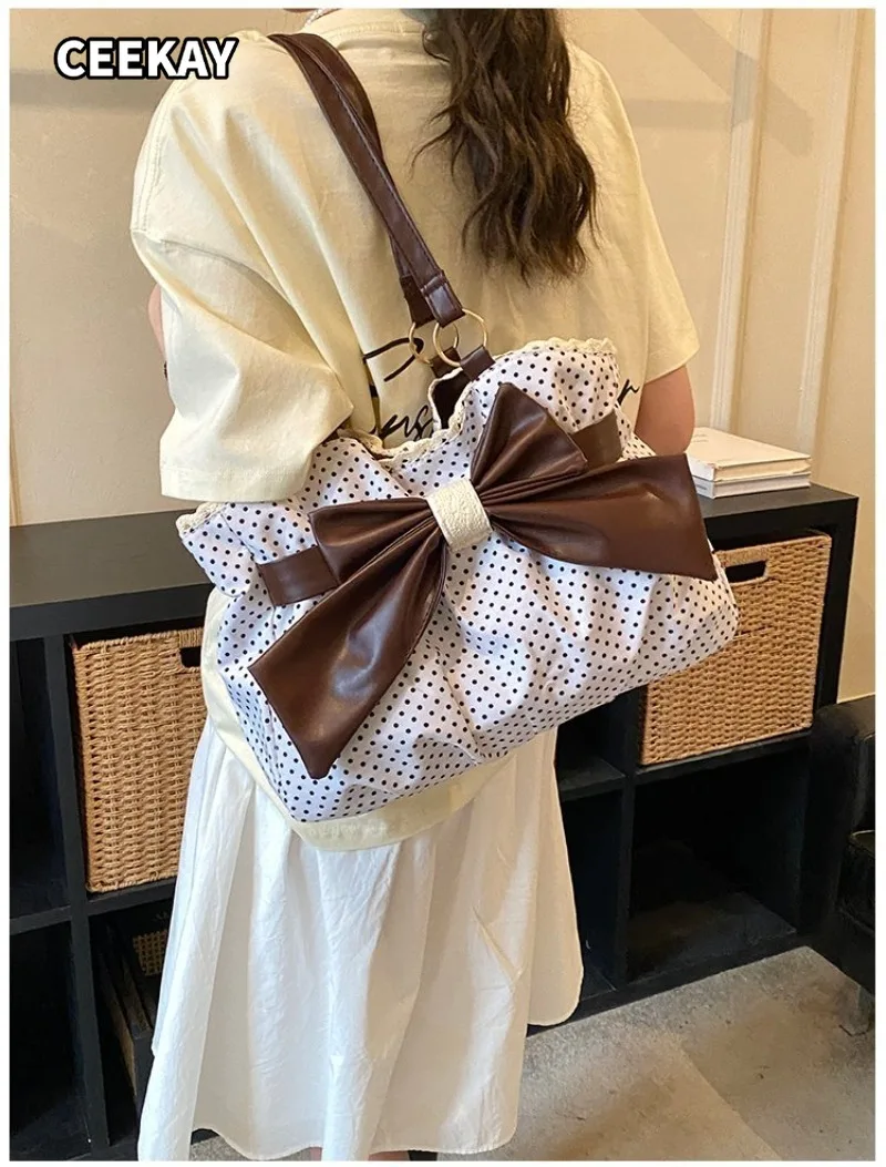 CEEKAY Women's Tote Bag White Polka Dot Canvas Large Bow Detail Shoulder Handbag Zipper Daily Commute Casual Fashion image 2