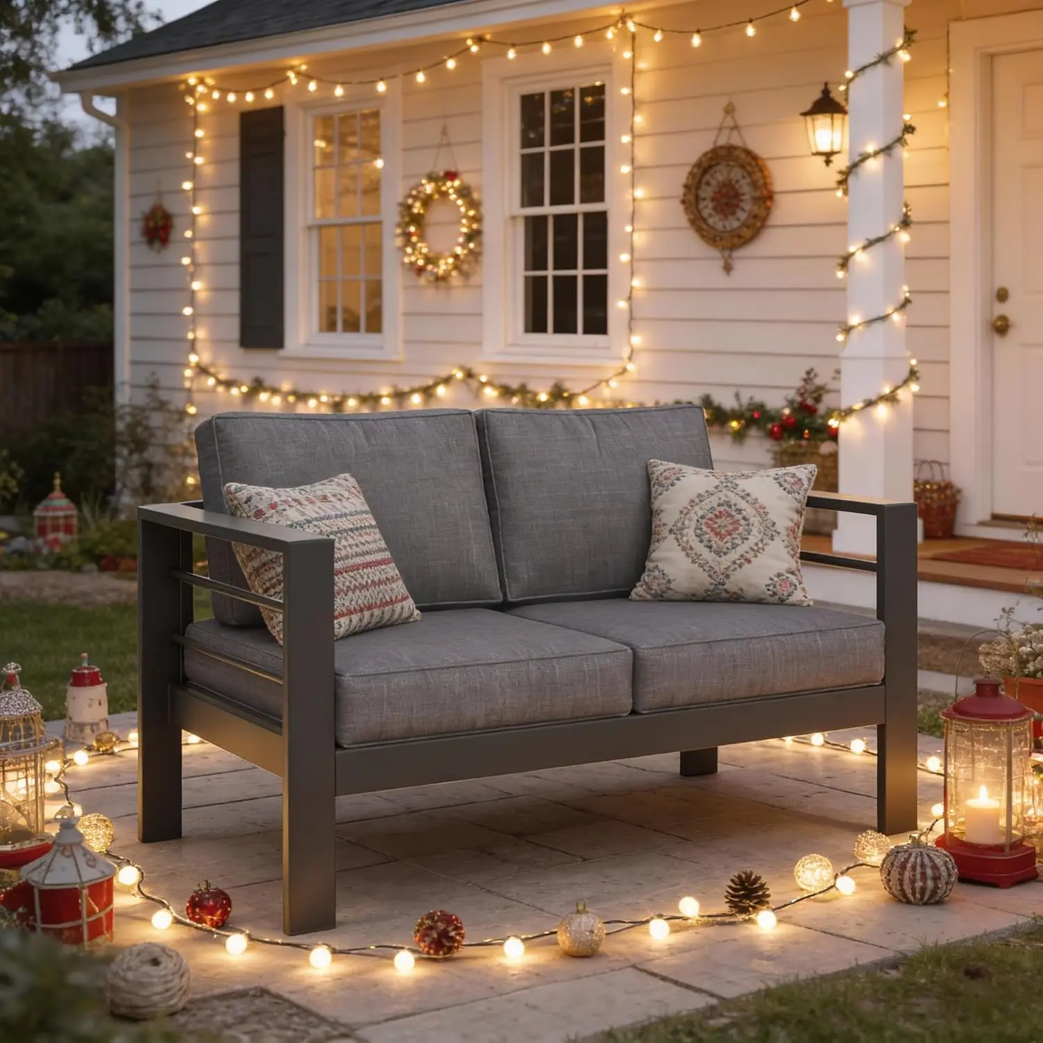 

Всепогодный алюминиевый диван-софа с подушками толщиной 5 дюймов и широкими подлокотниками для балкона, веранды, заднего двора, на заказ