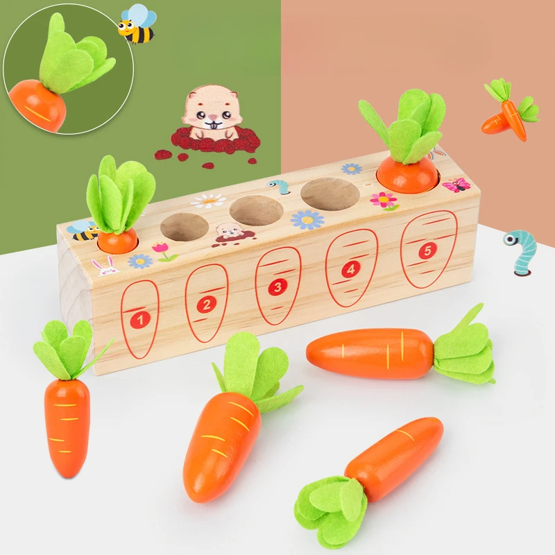 Rompecabezas a juego con formas para niños, juguetes educativos Montessori de aprendizaje, juegos de cosecha de zanahorias para bebés, clasificadores de juguetes de madera para niños