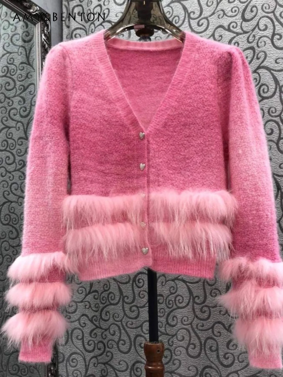 French V-neck Plush Fringed Long-sleeved Short Knitted Cardigan Women 2024 Autumn Winter New Fashion Sweet Gentle Pink Cardigan