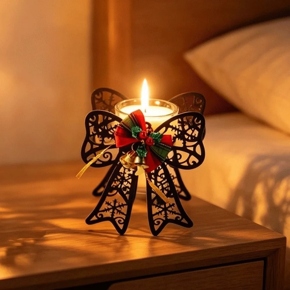 Candle Stand Deer Elk Christmas Candle Holder Snowflake Bell Christmas Ornaments Bow Hollowed-out Candlestick Mantel Decor