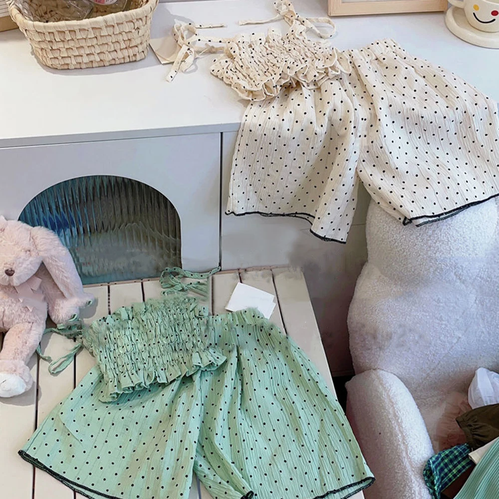 Summer New Green Casual Polka Dot Set Pleated Camisole Top+wide Leg Pants Two-piece Set Korean Version