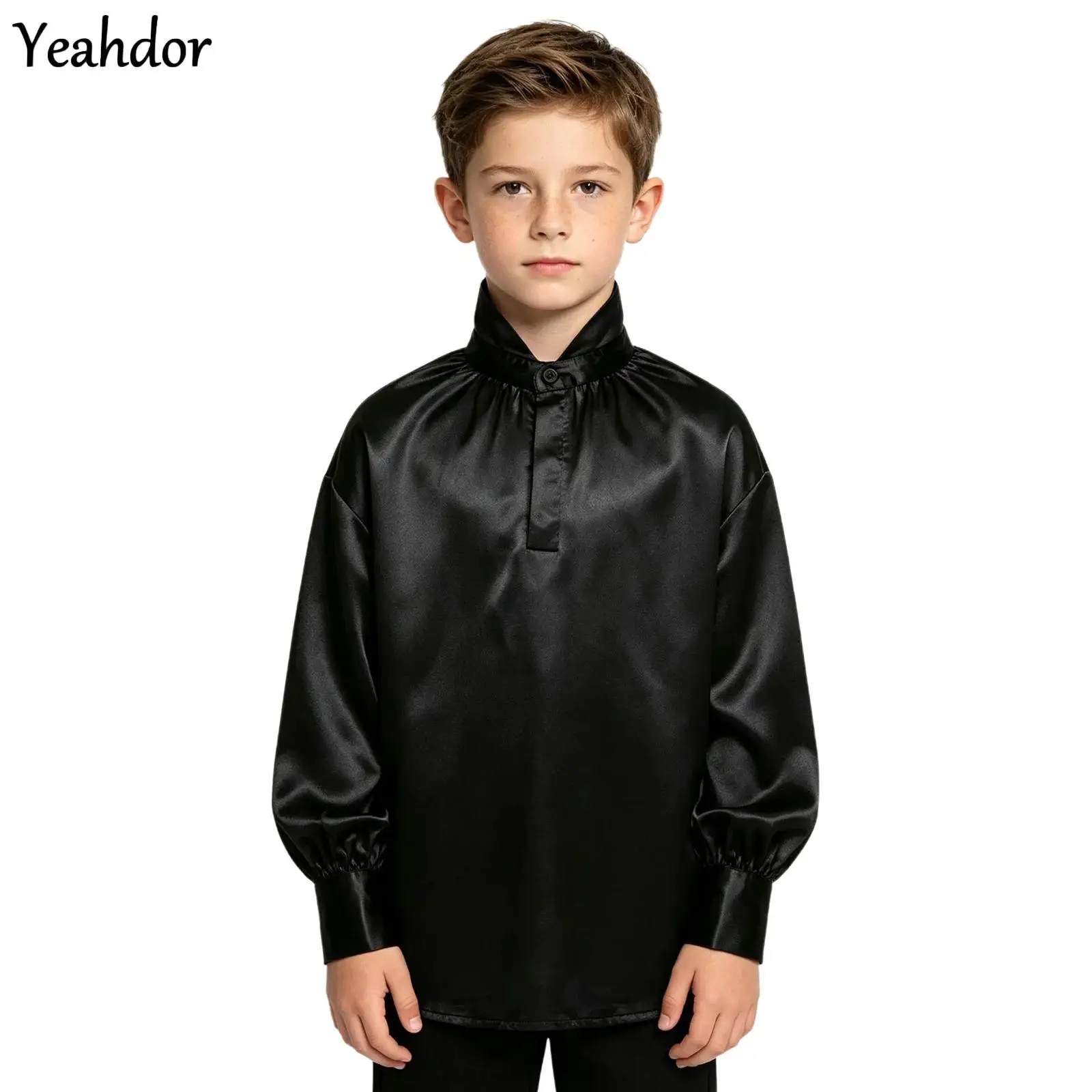 Boys Renaissance Satin Blouses Medieval Pirate Shirt Long Sleeves Button-up Pullover Top Carnival Halloween Cosplay Dress Up