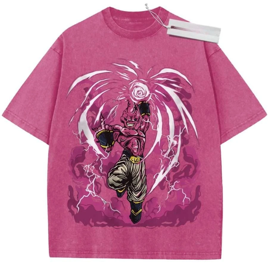 

Футболка оверсайз в винтажном стиле с принтом Dragon Ball: розовый Маджин Буу, прыгающий с молнией, аниме-граффити, повседневный уличный стиль