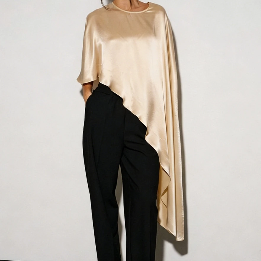 Luxury Women Satin Asymmetrical Hem Poncho Solid Color Round Neck Loose Shawl Wraps Cape Tops