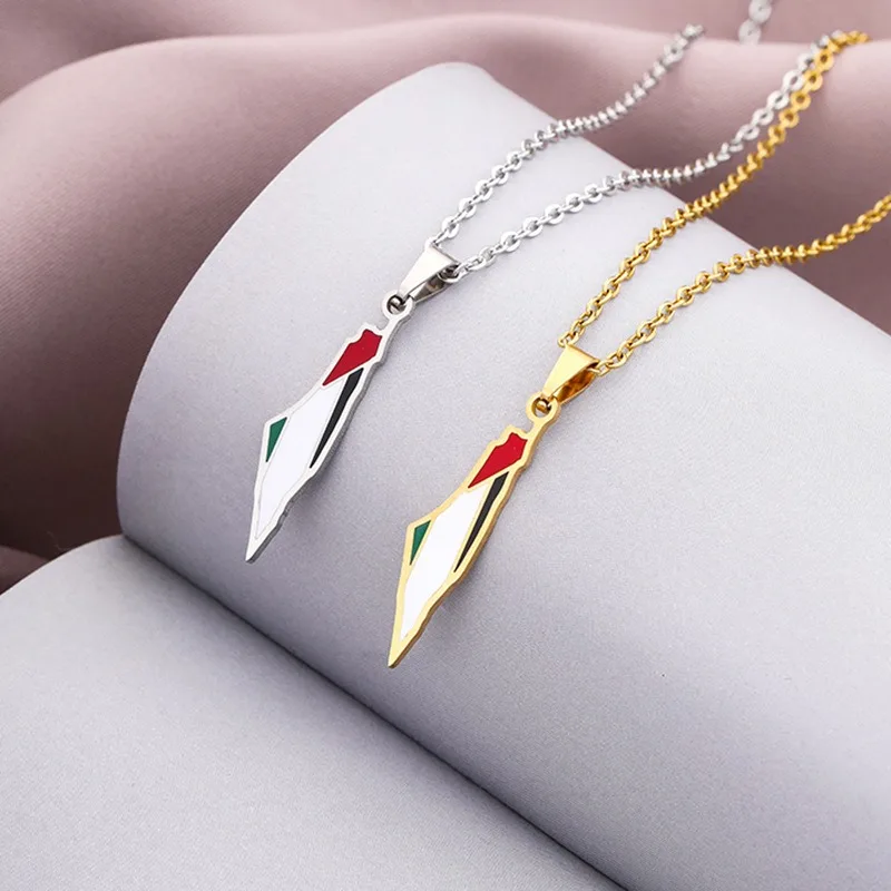 Stainless Steel Cazador Israel Palestine Map Pendant Necklace Country Geography Chain Necklaces for Women Arabic Jewelry
