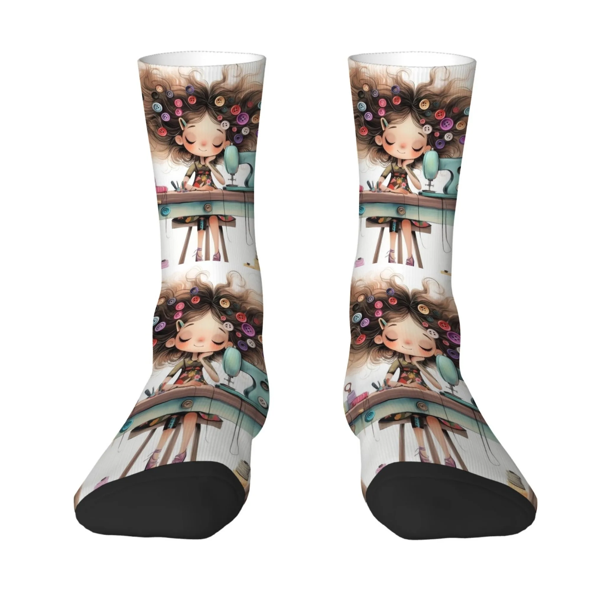Künstlerisch bedruckte Wadensocken mit Illustrationen von Mädchen, weiche, bequeme, warme, niedliche Cartoon- und beruhigende, atmungsaktive Socken