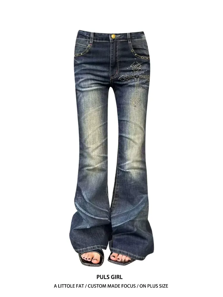 Retro American Large Size Denim Jeans Women's Slim Fit Bell Bottoms Cross Rhinestone Washed Casual Straight Leg Trousers
