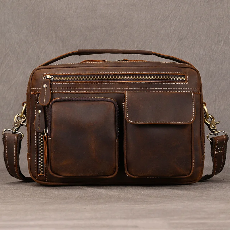 Crazy Horse leather shoulder bag men multi-purpose retro commuting multi-pocket large capacity handheld briefcase